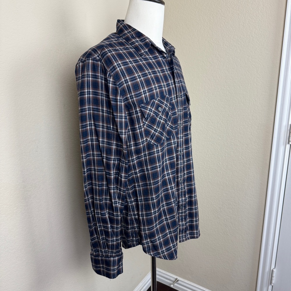 Vince Flannel Shirt Mens Large Navy Blue Brown Plaid Button Up Long Sleeve - Picture 2 of 8